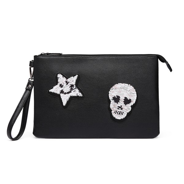 LT6822S-MISS LULU MISS LULU PU LEATHER SEQUIN SKULL CLUTCH BAG BLACK